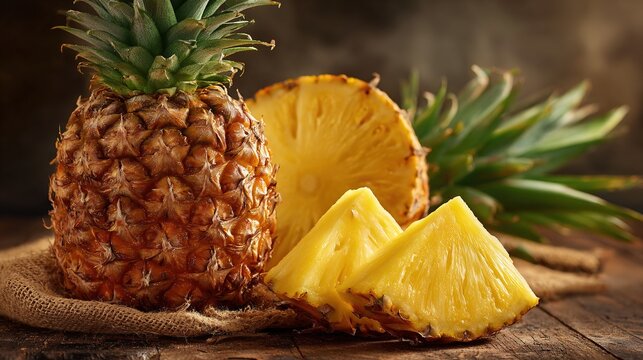 Fresh whole and sliced pineapple fruit on a rustic table