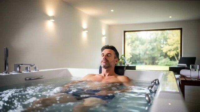 Relaxed man with calm mood enjoying jacuzzi spa bath at home interior with copy space