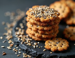 Stack of seed-covered crackers on dark platter. Baked crispy biscuits with chia and sunflower seeds scattered around. Healthy snack for breakfast or meal.