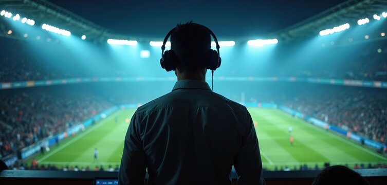 Man with headphones watches soccer game from stadium press box. He is a commentator or analyst reporting on the match. Lights illuminate stadium field with players on grass.