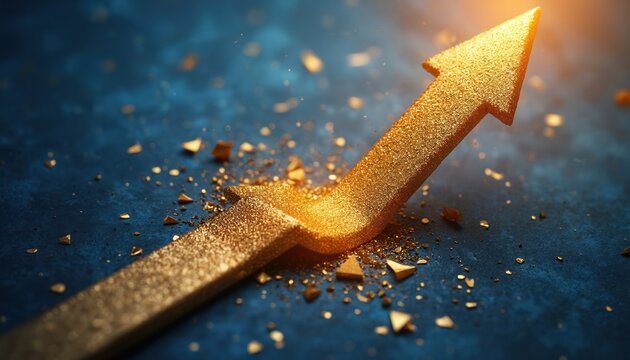 Golden arrow rises breaking through debris suggesting financial growth, business success. Upward trajectory signifies market progress, economic expansion. Conceptual image for ambition, achievement.