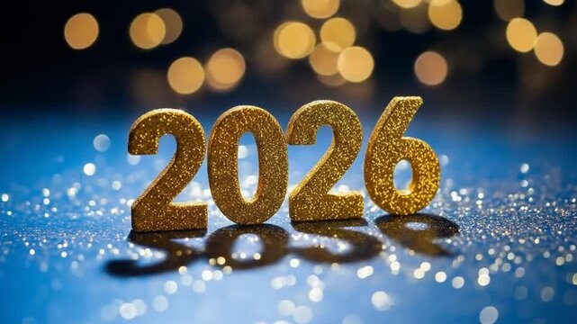 Gold glittering 2026 numbers shine brightly on the sparkling blue surface, with festive bokeh lights in the background, celebrating a happy new year. 4k video