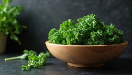Fresh green kale fills wooden bowl on dark kitchen countertop. Loose curly kale leaves sit next to bowl. Healthy leafy vegetable ready for cooking fresh meal. Eco food prep promotes healthy diet,