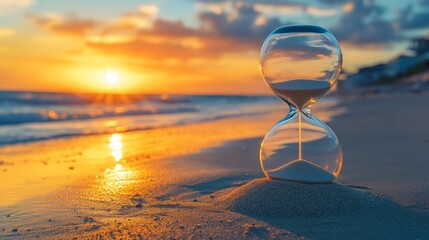 Elegant glass hourglass with sand grains flowing inside placed on soft sand during a glowing sunset at the sea shore, passage of time, patience, impermanence, balance, and fleeting human existence.