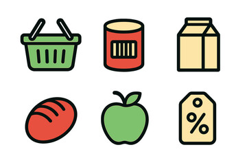 Essential grocery shopping icons set with food beverage basket and discount symbols