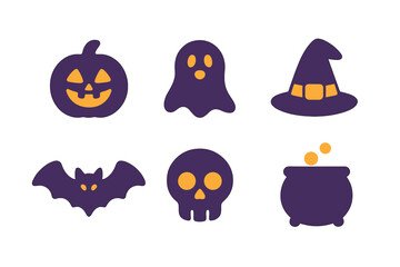 Spooky Halloween symbols set featuring pumpkin, ghost, witch hat, bat, skull, and cauldron
