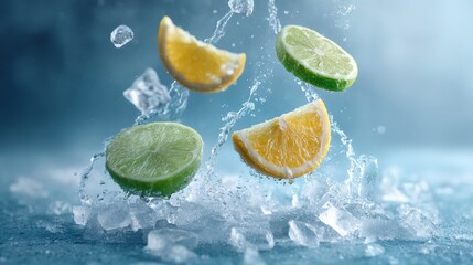 frozen lemon and orange slices floating on icy blue background