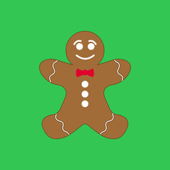 Obraz premium Christmas ginger cookie icon. Gingerbread man with red bow tie stands against bright green background. Vector illustration