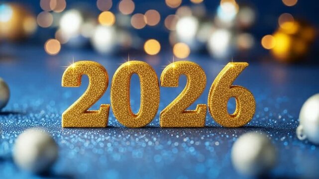 Gold glittering 2026 numbers shine brightly on the sparkling blue surface, with festive bokeh lights in the background, celebrating a happy new year. 4k video