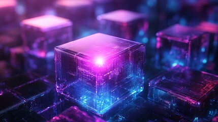 A futuristic glowing glass cube illuminated with vibrant pink and blue neon light, technology, innovation, data storage, digital blockchain, artificial intelligence and modern futuristic design.