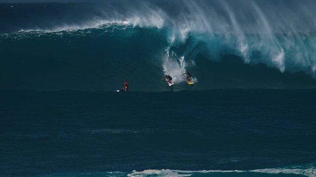 Big wave surfing in Hawaii on Waimea Bay. Pack of clips with people surfing the huge ocean waves breaking on the Hawaiian shore in Waimea Bay. Surfers share the wave in Hawaii. Oahu island