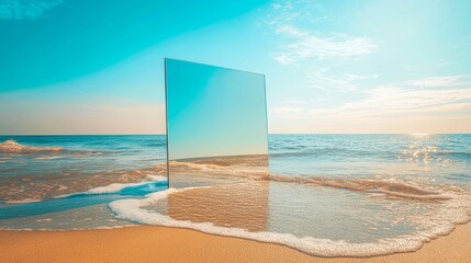 A surreal mirror placed upright on the ocean shore reflecting sky and water, symbolizing creativity, imagination, surreal art, contrast, minimalism, futuristic concept, and abstract design.