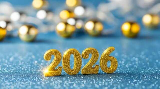 Gold glittering 2026 numbers shine brightly on the sparkling blue surface, with festive bokeh lights in the background, celebrating a happy new year. 4k video