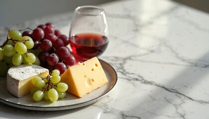 Fototapeta premium Two cheese types with red and green grapes on plate next to wine glass. Luxury food and drink arrangement on marble surface. Refreshments for guests, culinary delight.