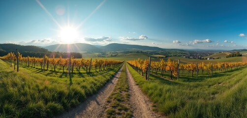 Fototapeta premium Golden vineyard rows stretch towards distant hills under a bright sun. A dirt path leads through green fields and vines, hinting at autumn harvest season. Rural landscape in Lower Austria.