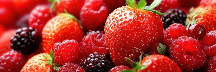 Vibrant Panoramic Display of Strawberries and Berries Against a Lush Background