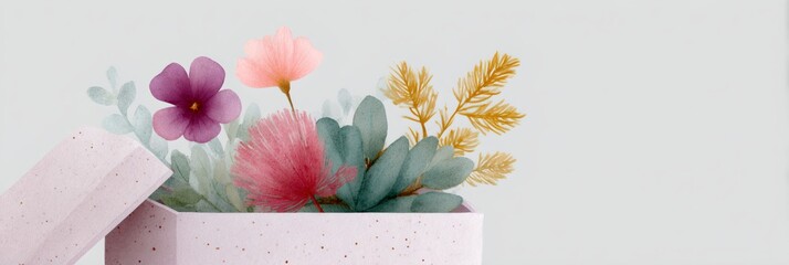 Flower arrangement is in a pink box