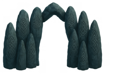 Stone gateway arch with celtic knot patterns, standing as an ancient magical portal or fantasy game asset, transparent background
