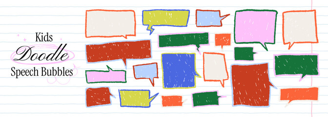 Funky colorful speech bubble set with kids crayon drawn rectangle text boxes. School doodle dialog empty silhouettes and vector charcoal talk shapes for text. Chalk pencil balloon elements.