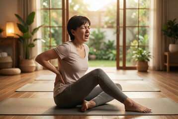 Middle-aged woman suffering from sharp lower back pain during home yoga, sciatica and kidney injury concept