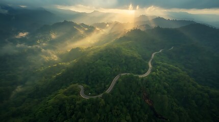 High-altitude cinematic shot of a serpentine mountain road cutting through an emerald tropical rainforest, early morning fog drifting between treetops, dramatic light rays piercing the mist, untouched