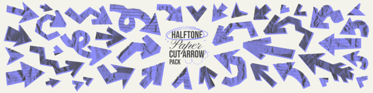 Halftone paper cut arrows with crumpled notebook texture. Funky irregular cutout scrapbook shapes for emphasis, highlighting text. Childish collage magazine element silhouettes.