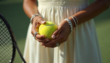 Woman holds tennis ball and racket. Elegant hands wear jewelry. Sporty female ready for match. Tennis player prepares for game. Elegant athlete stands on court. Tennis lifestyle fashion shoot.