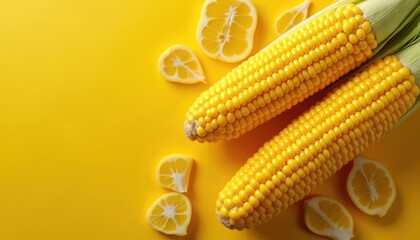 Two yellow corn cobs, sliced lemons arranged on bright yellow background. Fresh produce viewed from above creating vibrant, simple food composition. Ideal for summer recipes healthy eating themes.