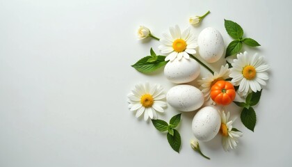 Fototapeta premium Easter eggs with white daisies and green mint leaves are arranged on a white background. A small orange tomato sits among the eggs and flowers. Natural spring holiday composition with copyspace.