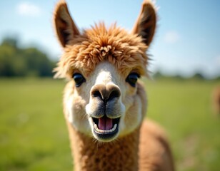 Furry alpaca shows pink tongue and teeth with mouth open wide. Cute mammal with fluffy wool stands in green grassy field on sunny day. Animal portrait.