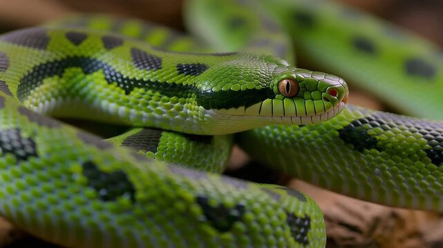 Detailed Close-up of a Vibrant Green Snake with Striking Black Patterns and Golden Eyes