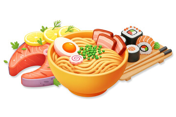 Japanese ramen noodle bowl with sushi, salmon sashimi, and chopsticks in vibrant 3D illustration for Asian cuisine menus