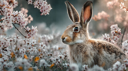Wild rabbit in a field of spring blossoms, nature scene