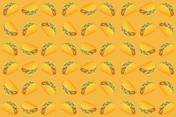 Seamless taco pattern with Mexican food in repeating design on yellow background for restaurant branding and packaging