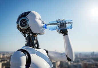 White Humanoid Robot Drinking Water Against Blue Sky