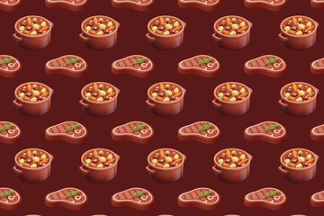Seamless comfort food pattern with beef stew pot and grilled steak on dark red background in repeating 3D illustration