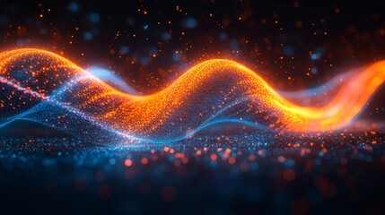 Dynamic glowing abstract waves of orange and blue particles flow across dark background, symbolizing technology, energy, sound visualization, futuristic design, and vibrant motion in digital art.
