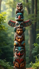 Obraz premium Tall totem pole carved with colorful owl, bear, and bird figures stands in a rich green forest. Natural forest light shines on the intricate tribal art, creating a mystical and symbolic scene.