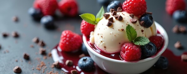 Creamy vanilla ice cream scoop served with fresh raspberries, blueberries, and chocolate chips in berry sauce. Garnished with mint leaves and dusted with cocoa powder.