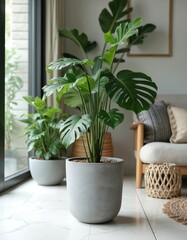 Fototapeta premium Monstera plant in modern grey planter. Green foliage fills bright living room near large window. Indoor plants add life to home decor and wellness.