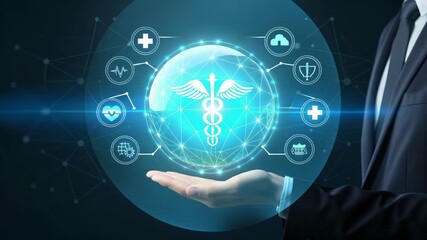 Professional presents healthcare technology in a dynamic modern display, showcasing innovation and network connectivity for a brighter future - Powered by Adobe