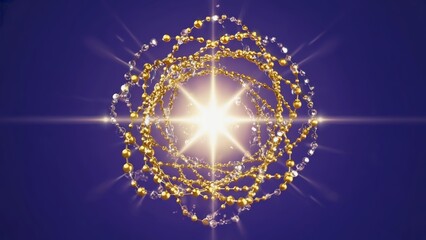 3D visualization of an atom with glowing particles orbiting a bright nucleus, nuclear energy, atomic science, quantum mechanics, molecular physics, futuristic technology, advanced scientific concepts.