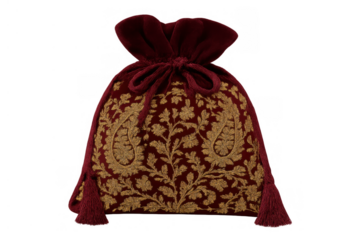 Red velvet potli bag featuring intricate golden paisley and floral embroidery for traditional festivities