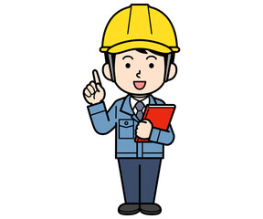 ファイルを持って指差しするヘルメットをかぶった現場監督の男性