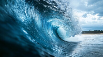 Fototapeta premium A glowing sunset illuminating the inside of a curling wave tube, highlighting the reflection of golden light on the water surface, blending the ocean’s movement with the sky’s radiant evening colors.