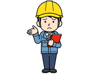 ファイルを持って困惑するヘルメットをかぶった現場監督の男性