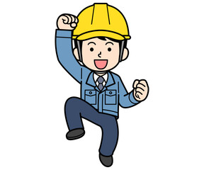 飛び上がって喜ぶヘルメットをかぶった現場監督の男性