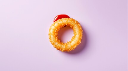 Golden fried onion ring with a blob of red sauce topping on bright purple surface table