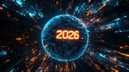 Futuristic New Year 2026 background with glowing neon numbers over digitized Earth and streaming data lines in deep space.