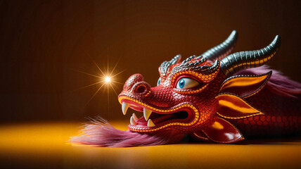 Fototapeta premium Colorful dragon figurine with shining eyes on brown background